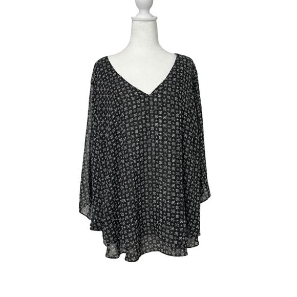 Worthington 2X Black White Long Sleeve Blouse Sheer Work Chic V Neck Business - Picture 1 of 6